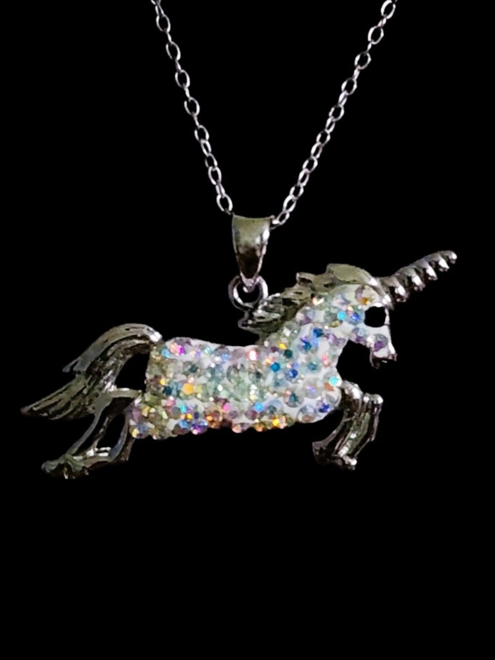 Vintage 90s Sterling Silver Iridescent Crystal Pavé Unicorn Necklace 18" 925